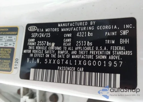 2016 Kia Optima Lx Turbo z USA, uszkodzony, nr VIN 5XXGT4L1XGG001957